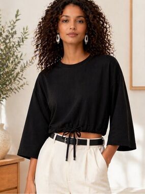 Aritzia Wilfred Axel Cropped Black Drawstring Top XS